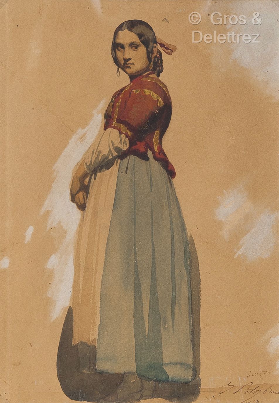 Null 伊西多尔-皮尔斯 (1813-1875)
索伦托的年轻女人
纸上水彩画
签名，日期和位置 "Sorrento I Pils Roma 1842"（右下&hellip;