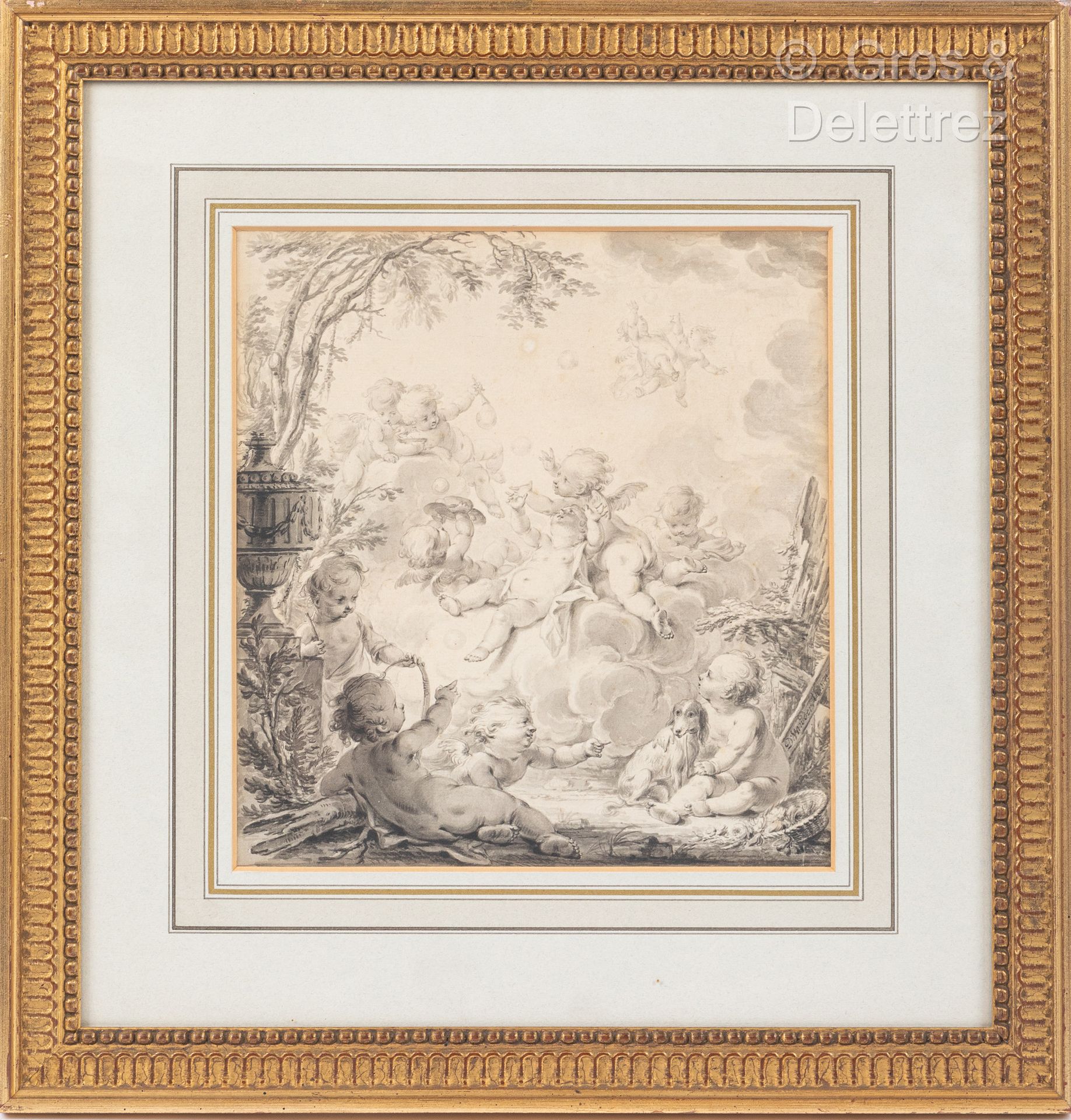 Null *Dirk van der AA (The Hague 1731-1809)
一对：训狗师的示范，儿童玩泡泡
黑色铅笔线上的灰色水洗 
24 x 22&hellip;