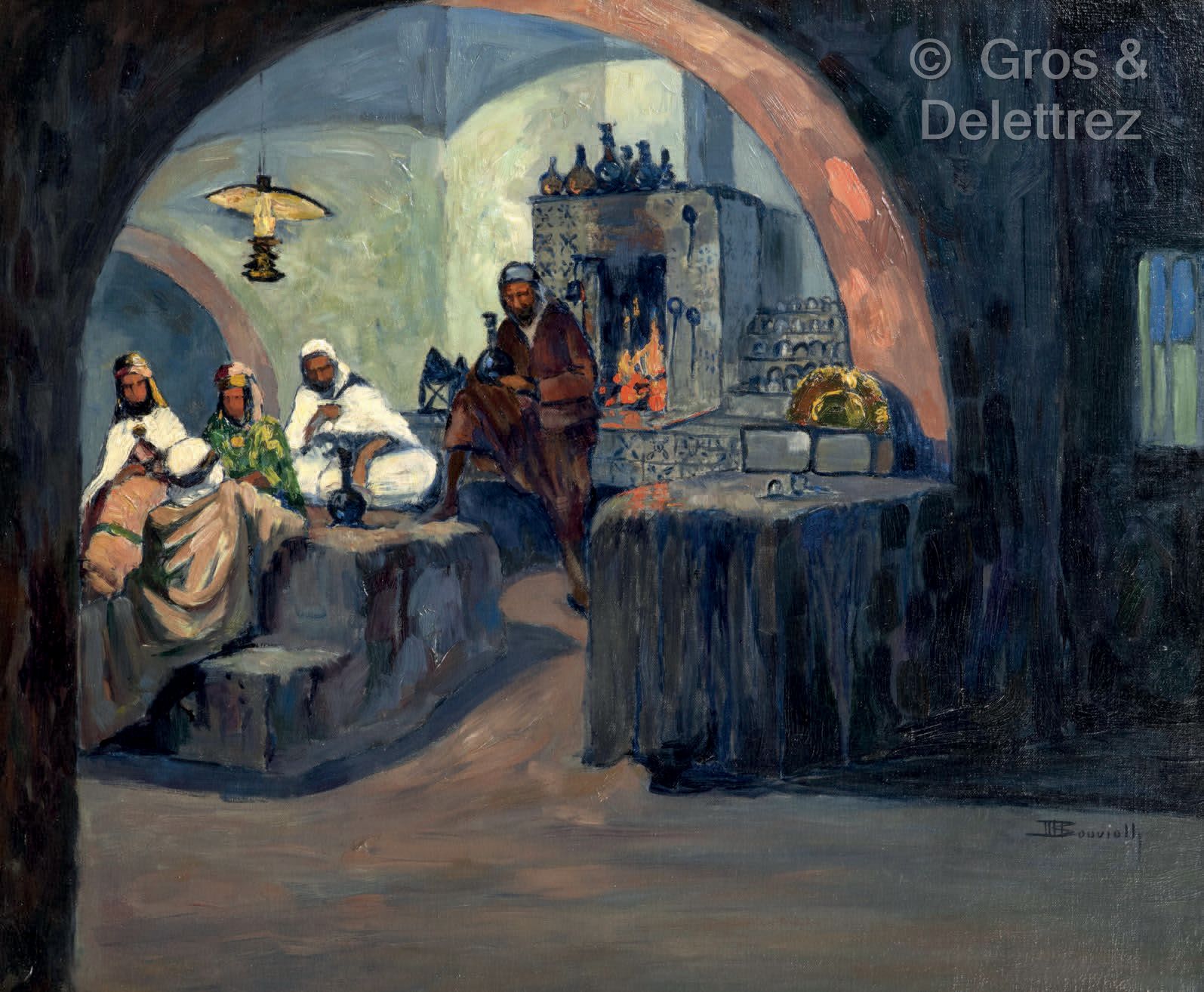 Null 莫里斯-布维奥莱(1893-1971)
阿尔及利亚的咖啡馆内部
布面油画，右下方有签名。
54 x 65 cm