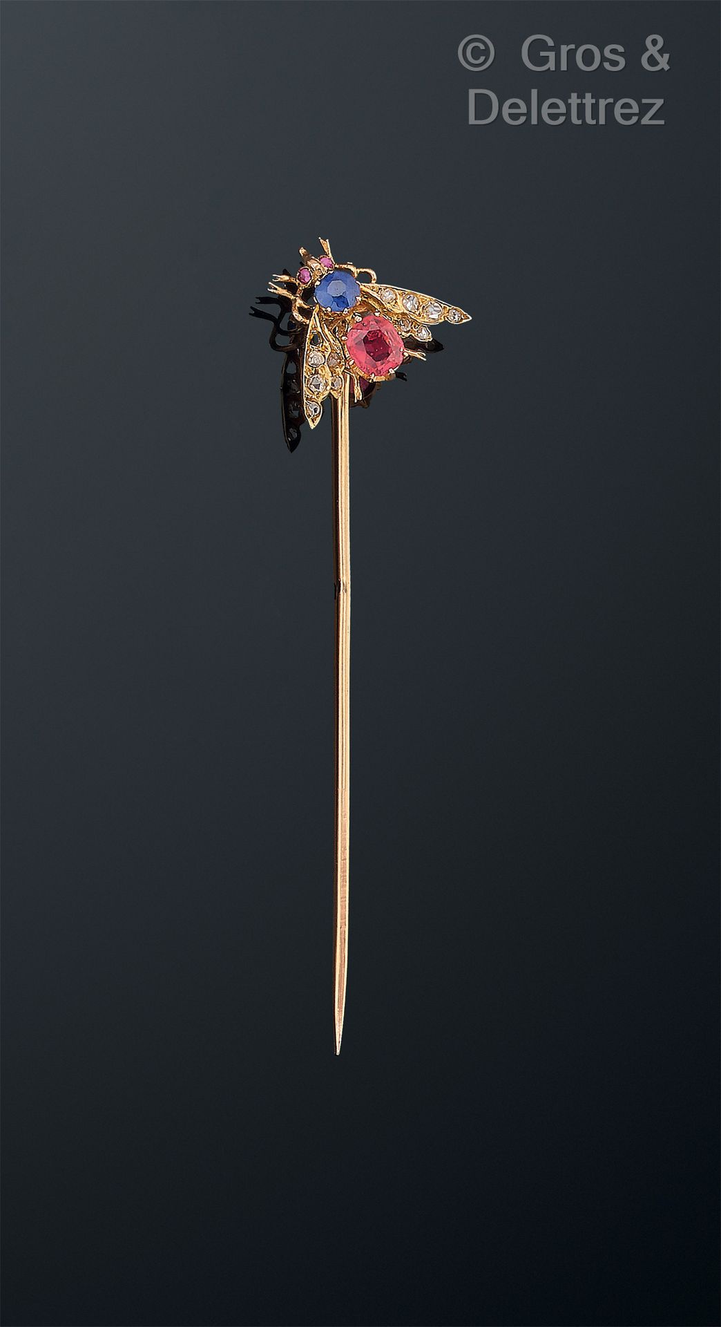 Null 19世纪末的作品 - 75万分之一的黄金领带针上镶嵌着一只昆虫，上面有石榴石、蓝宝石和红宝石，翅膀上铺有玫瑰式切割钻石。长度：7.5厘米。毛重：3.1&hellip;