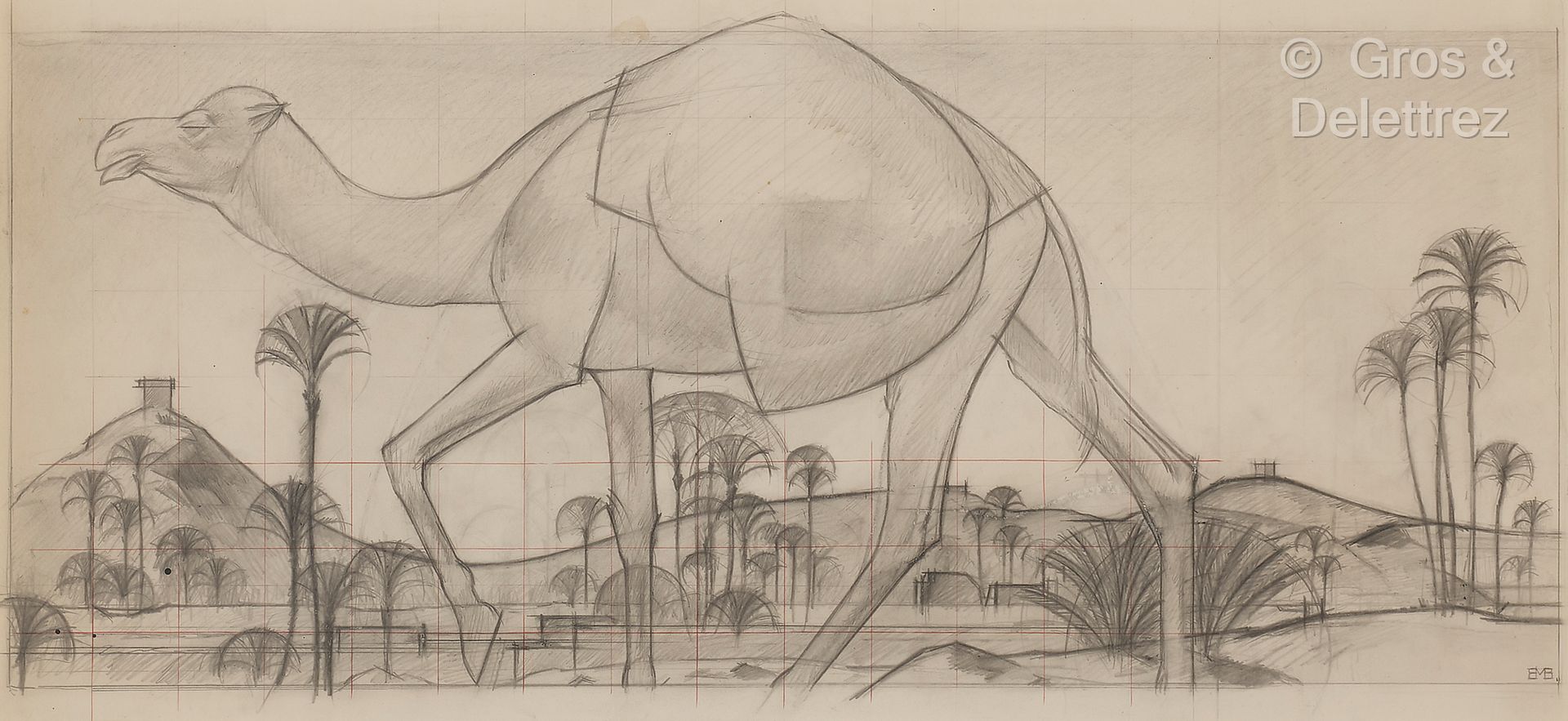Null 伯纳德-布泰-德-蒙维尔 (1881 - 1949)
棕榈树丛中的骆驼
纸上铅笔和红墨水
红墨水。
右下方有签名
28 x 60厘米
相关作品：
这件&hellip;