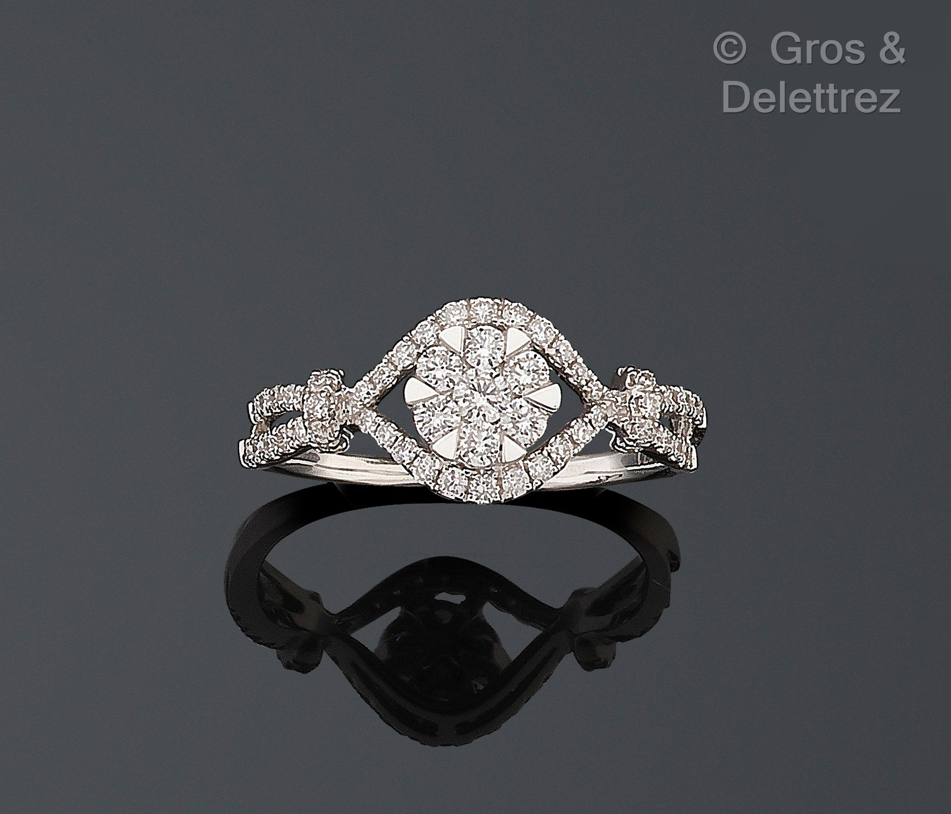 Null 750ths 白金戒指，以镶嵌明亮式切割钻石的幻彩花卉图案为中心，镶嵌数行钻石。
钻石总重量：约 0.50 克拉。
手指尺寸：54。宽度：0.9 厘米&hellip;