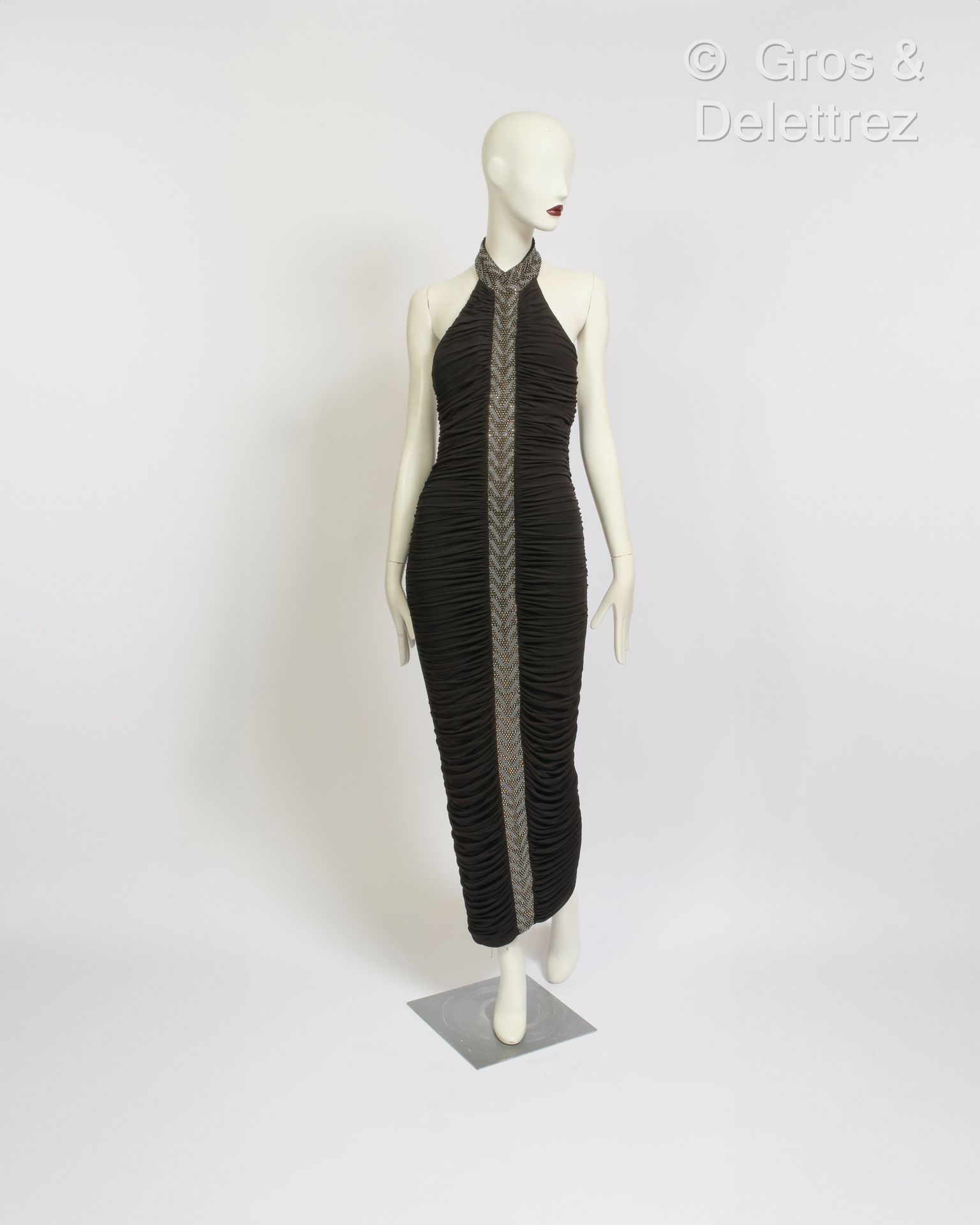 Null *BALMAIN X Olivier Rousteing - 黑色水钻纹绉纱拉链长裙。黑色标签，白色图案。T.38.