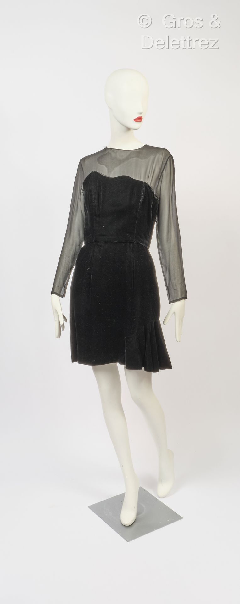 Null LANVIN - 黑色天鹅绒连衣裙，雪纺绉纱上衣。T.40.