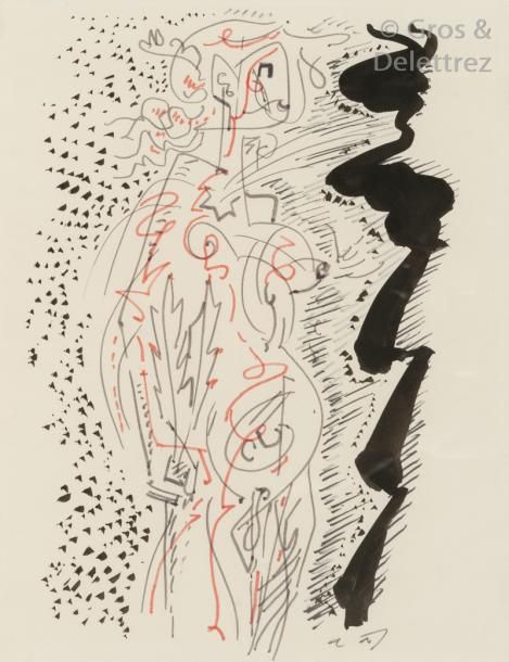 André MASSON (1896-1987) Femme et minotaure, 1962 Encre de Chine, encre rouge et&hellip;