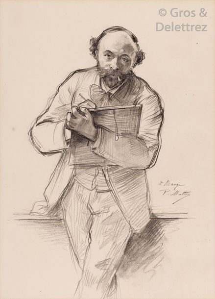 Paul MATHEY*(1844-1929) Portrait de Manzi dessinant Crayon. Signé à droite et dé&hellip;