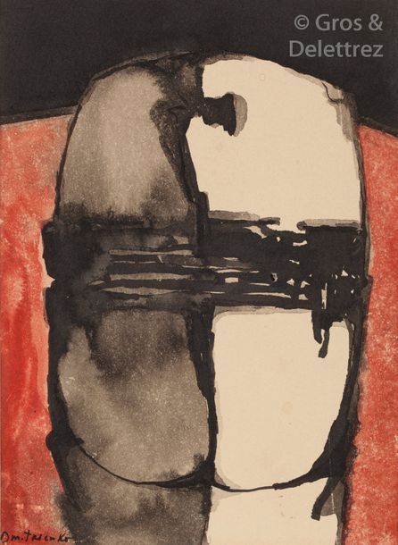 Pierre DMITRIENKO (1925-1974) Composition rouge et noire Aquarelle. Signée en ba&hellip;