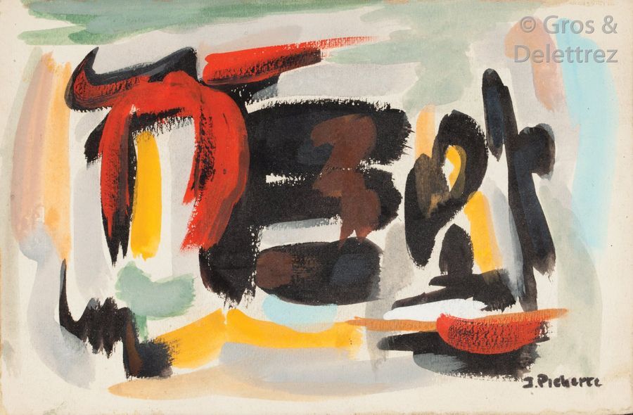 James PICHETTE (1920-1996) Composition abstraite rouge, jaune, noir, Circa 1960 &hellip;