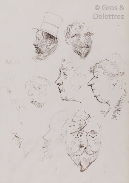 Michel MANZI Étude de visages dont deux de profil de Degas Plume et encre. Au do&hellip;