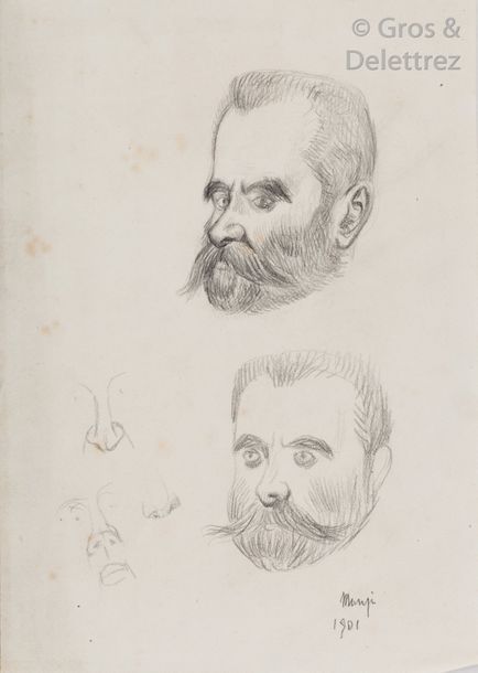 Michel MANZI Portrait d’homme – deux études de visage Crayon. Signé en bas à dro&hellip;