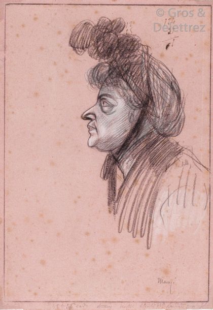 Michel MANZI Femme au chapeau Fusain et craie blanche sur buvard rose. Signé en &hellip;