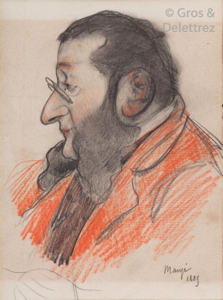 Michel MANZI Portrait présumé de Leouzon le Duc, circa 1885 Crayon de couleurs. &hellip;