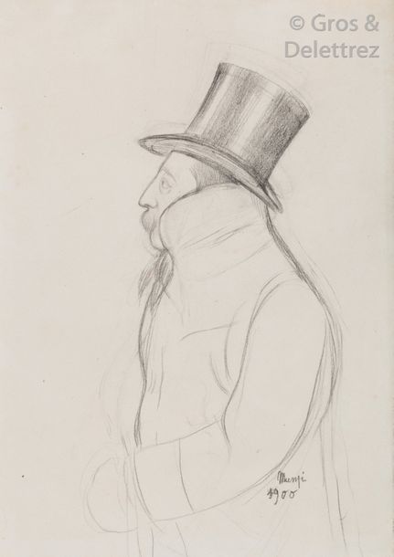 Michel MANZI Portraits d’hommes en haut-de-forme Crayon. Signé et daté 1900 en b&hellip;
