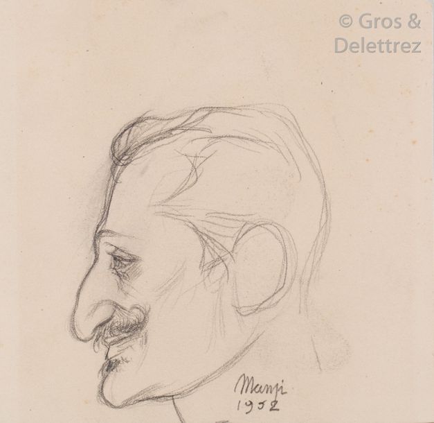 Michel MANZI Portrait d’homme à la moustache Crayon. Signé en bas au centre et d&hellip;