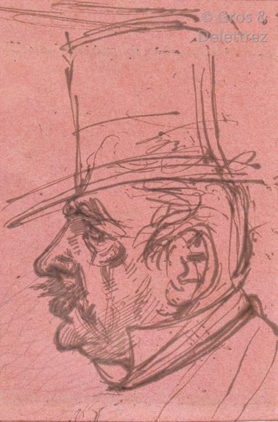 Michel MANZI Homme au chapeau Encre brune sur buvard rose 15 x 10,2 cm Exposé à &hellip;