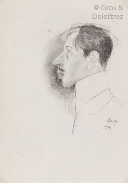 Michel MANZI Homme au canotier Graphite sur papier 22,5 x 21 cm Exposé à Bordeau&hellip;