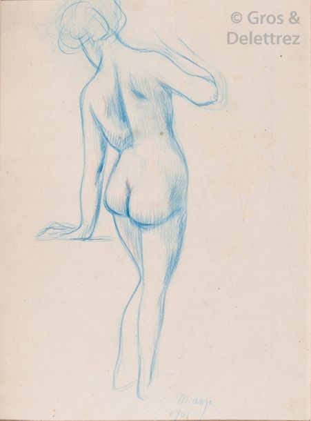 Michel MANZI Nu de dos Crayon bleu. Signé et daté en bas à droite 1901. 25 x 18 &hellip;