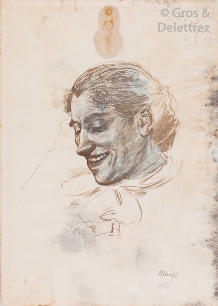 Michel MANZI Portrait de jeune fille souriante Encre brune. Signée en bas à droi&hellip;