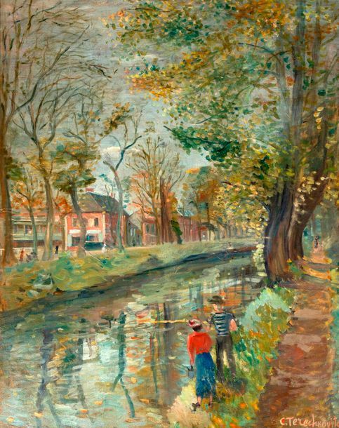 Constantin TERECHKOVITCH (1902-1978) 
Les pêcheurs sur le canal
Huile sur toile.&hellip;