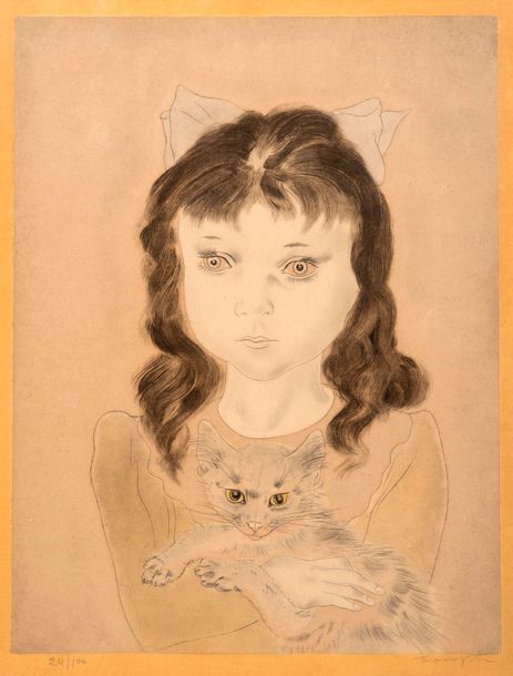 Léonard FOUJITA (1886-1968) 
Fillette au chat, 1929
Eau-forte en couleurs.
Signé&hellip;