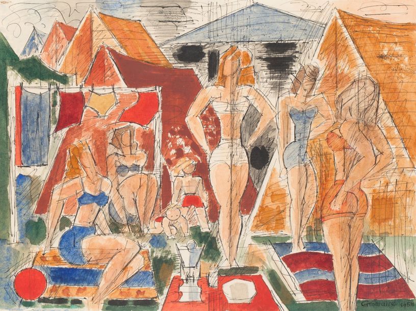 Marcel GROMAIRE (1892-1971) 
Tentes et baigneuses
Aquarelle, plume et encre de C&hellip;