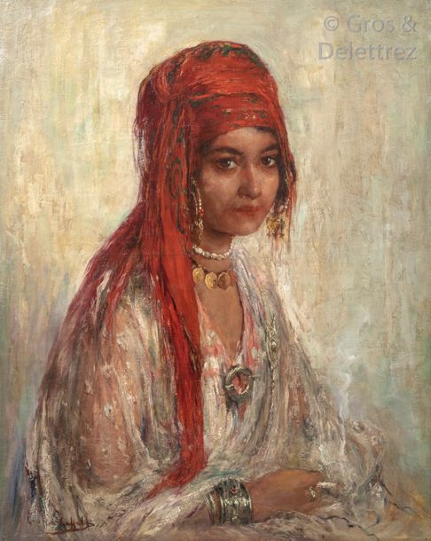 Null Edouard VERSCHAFFELT (1874-1955) Le foulard rouge Huile sur toile, signée e&hellip;