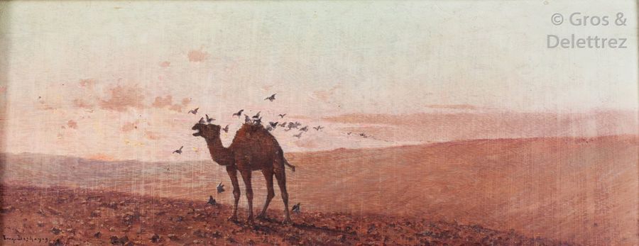 Null Eugène DESHAYES (1863-1939) Le chameau dans le désert Huile sur panneau, si&hellip;