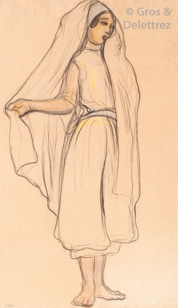 Null André SUREDA (1872-1930) Jeune femme au voile Crayon et réhauts d’aquarelle&hellip;
