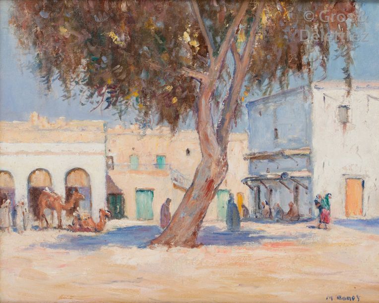 Null Marcel CANET (1875-1959) Place animée en Algérie Huile sur carton fort, sig&hellip;