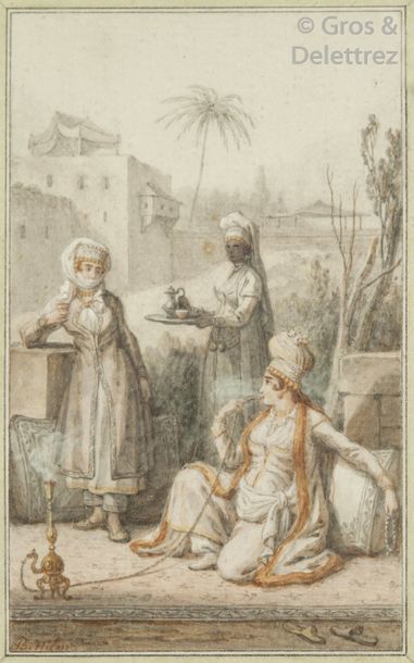 Null Jean-Baptiste HILAIRE (1753-1812/32) L’heure du thé sur la terrasse Aquarel&hellip;