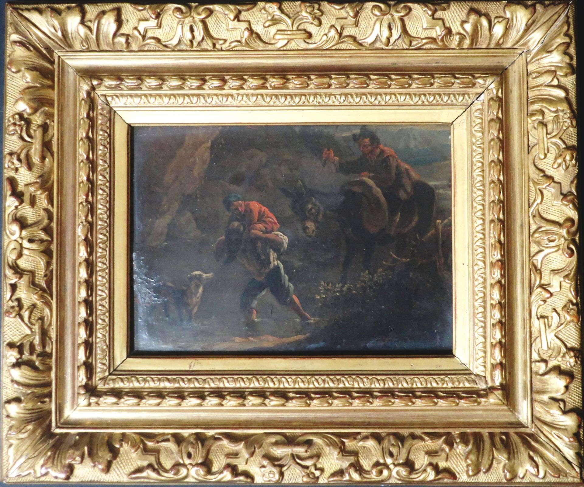 Null 卡雷尔-杜雅尔丹的追随者，约1800年的荷兰画派：《福特的渡口》。H. S. P，背面有墨水注释，13 x 17