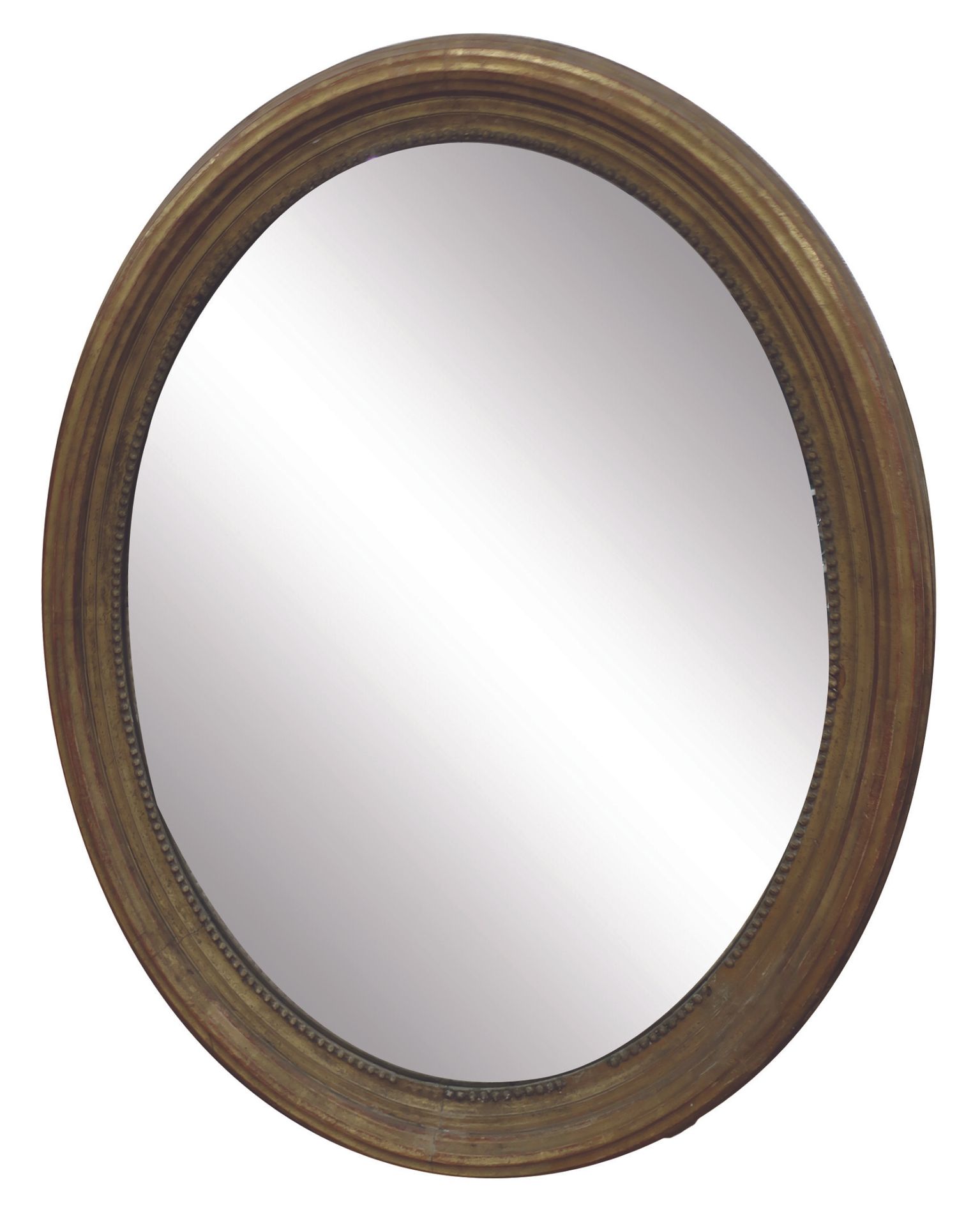 Null 路易十六风格的大型椭圆形镜子，镀金粉刷木头，有一排珍珠，134 x 107（有些事故和丢失，镀金的磨损） - 85