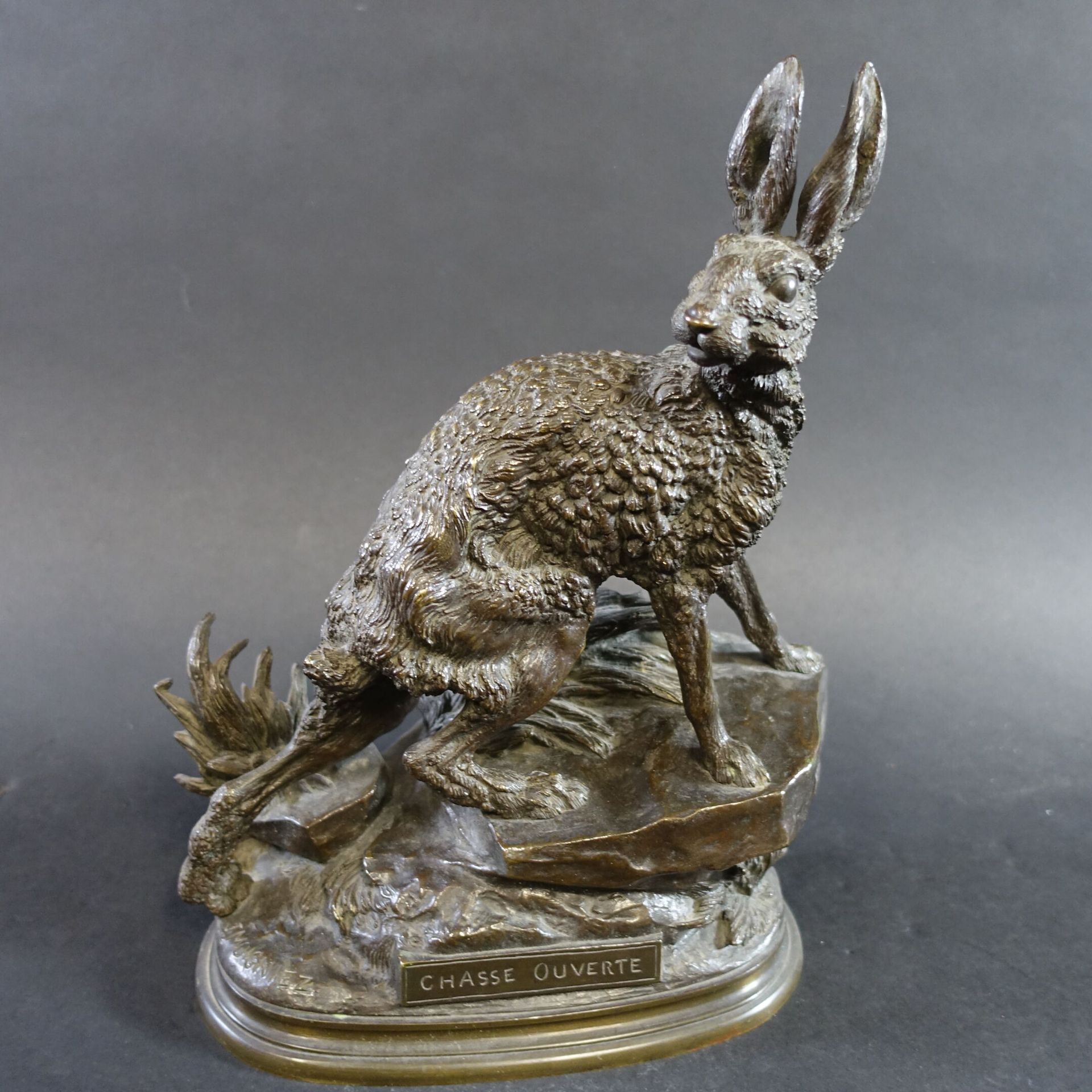 Null MOIGNIEZ Jules (1835-1894) : Chasse ouverte (lièvre à l'écoute). Bronze pat&hellip;