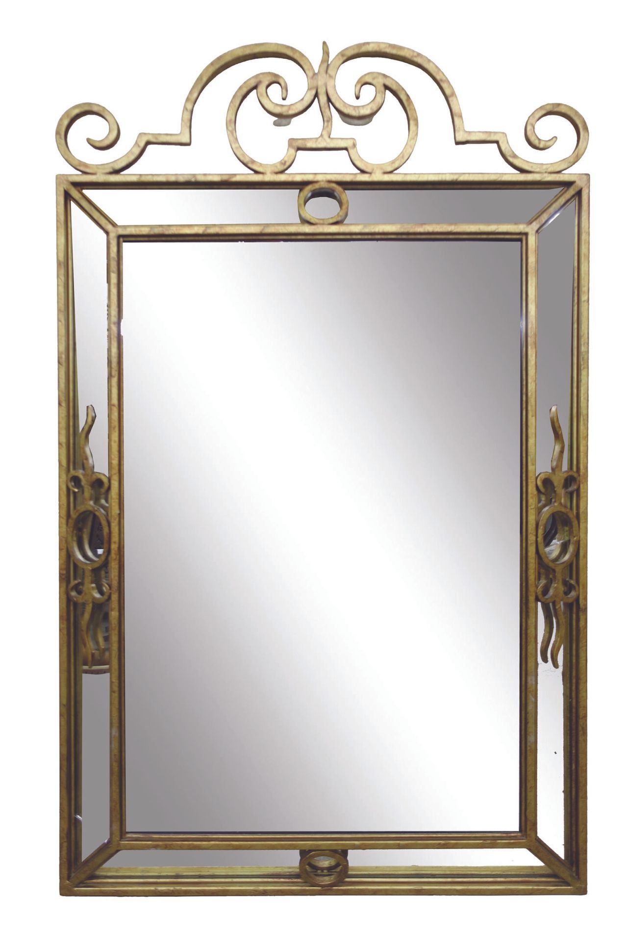 Null Miroir à double encadrement et fronton en fer forgé battu et doré à motifs &hellip;