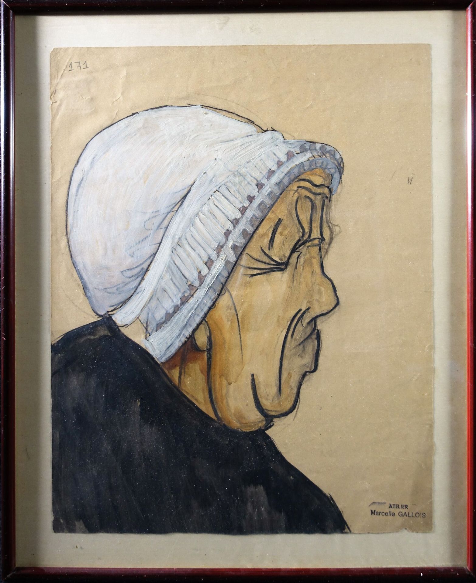 Null GALLOIS Marcelle (1888-1962) : Portrait de vieille femme au bonnet. Fusain &hellip;