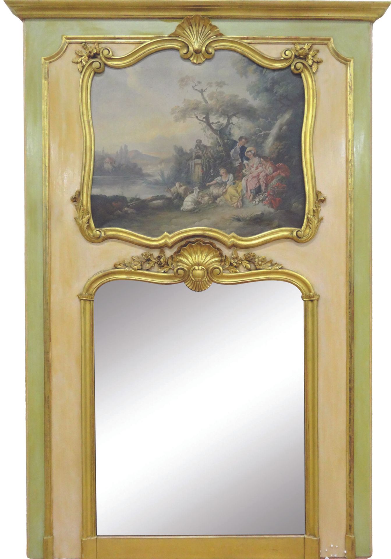 Null Trumeau de style Louis XV en bois peint et doré sculpté d'une coquille, bra&hellip;