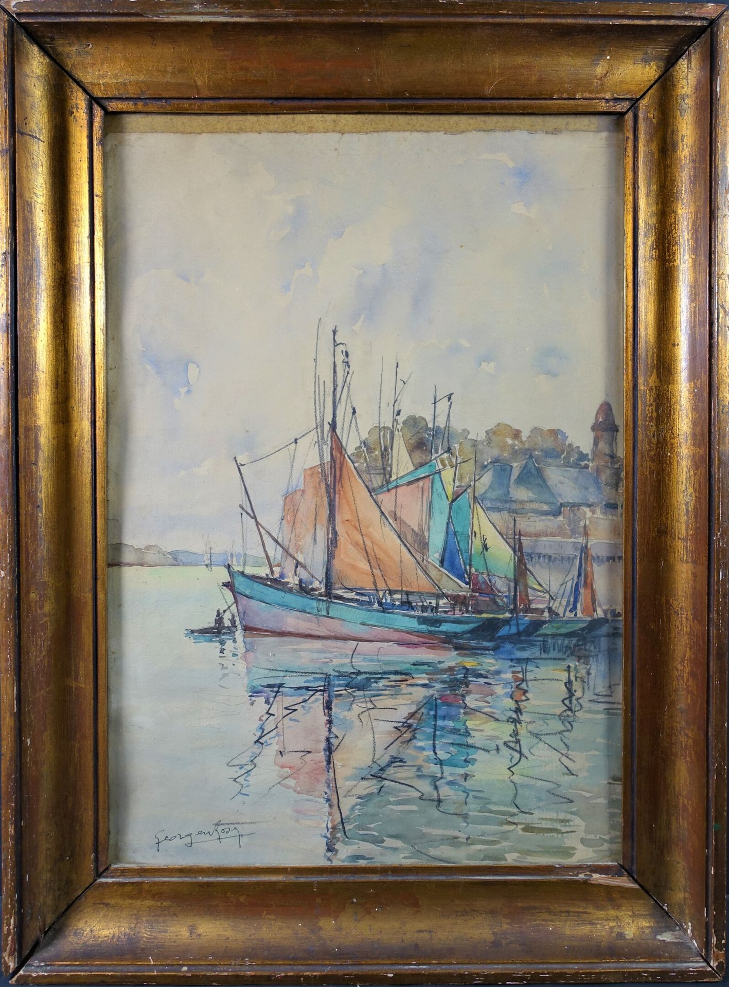 Null ROSE Georges (1895-1951) : Voiliers amarrés. Aquarelle signée. 52 x 37