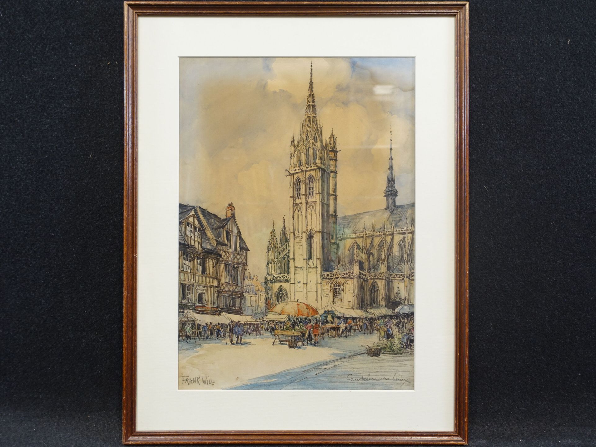 Null 弗朗克-威尔（1900-1951）：科德贝克城，圣母教堂脚下的市场。签名的水彩画，45 x 32 - 2