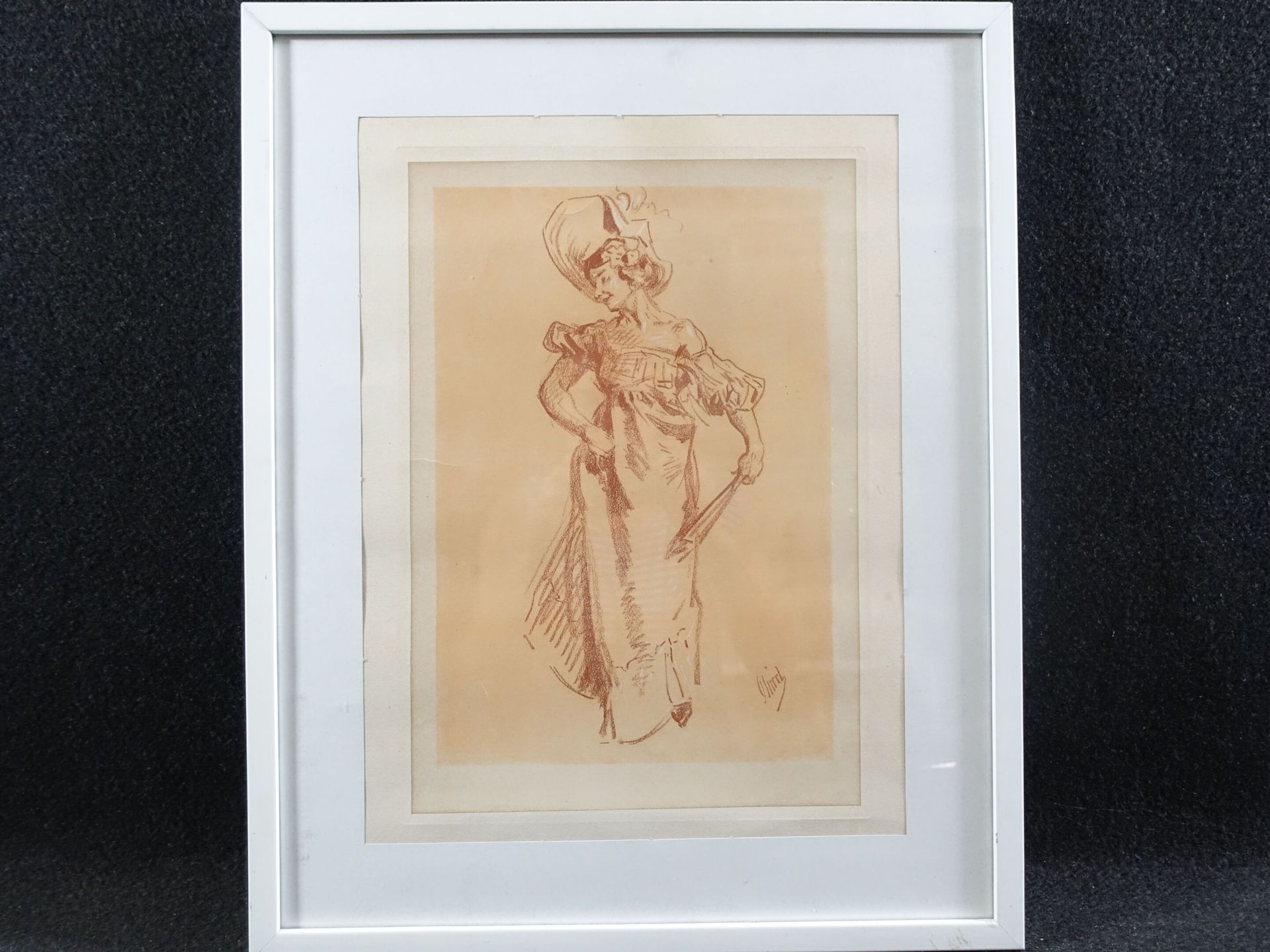 Null 儒勒（1836-1932）:拿着扇子的优雅女人。已签名的石版画，32 x 22。