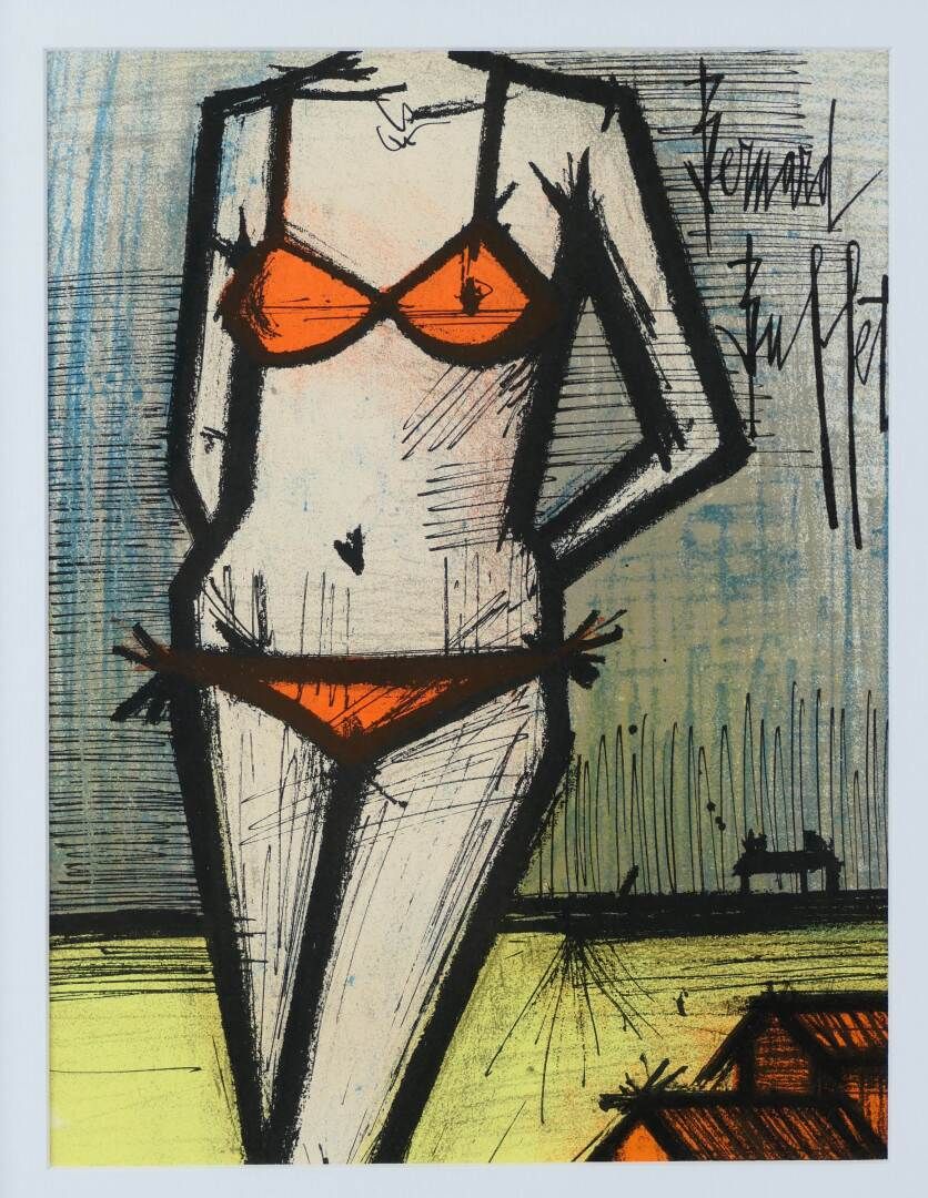 Null BUFFET Bernard (1928 - 1999) - A la plage - Lithographie encadrée - 30 x 22&hellip;