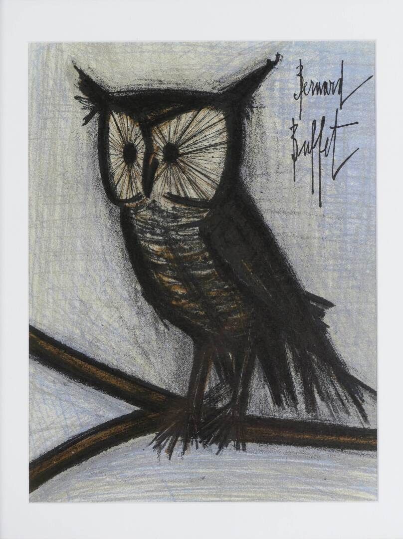 Null 布菲特-伯纳德（1928-1999）--小猫头鹰--石版画框架--30 x 22.5厘米左右。
