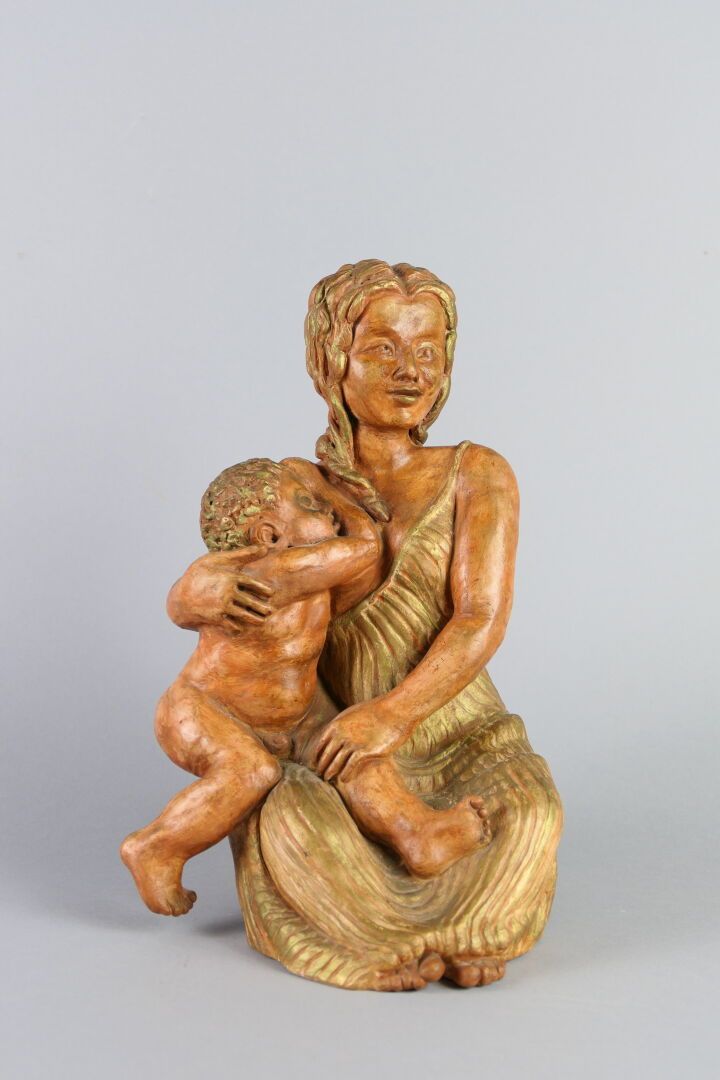 Null HANET CLAIRAC Danièle (1935). Maternità. Scultura in ceramica, lumeggiature&hellip;