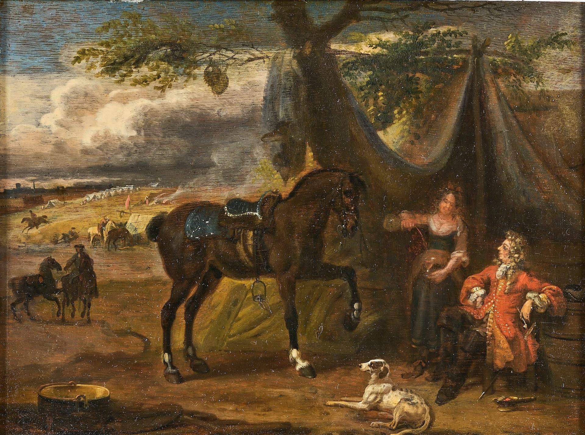 Englischer Genremaler 18e siècle. Huile/bois. Au bord d'un camp militaire, sous &hellip;