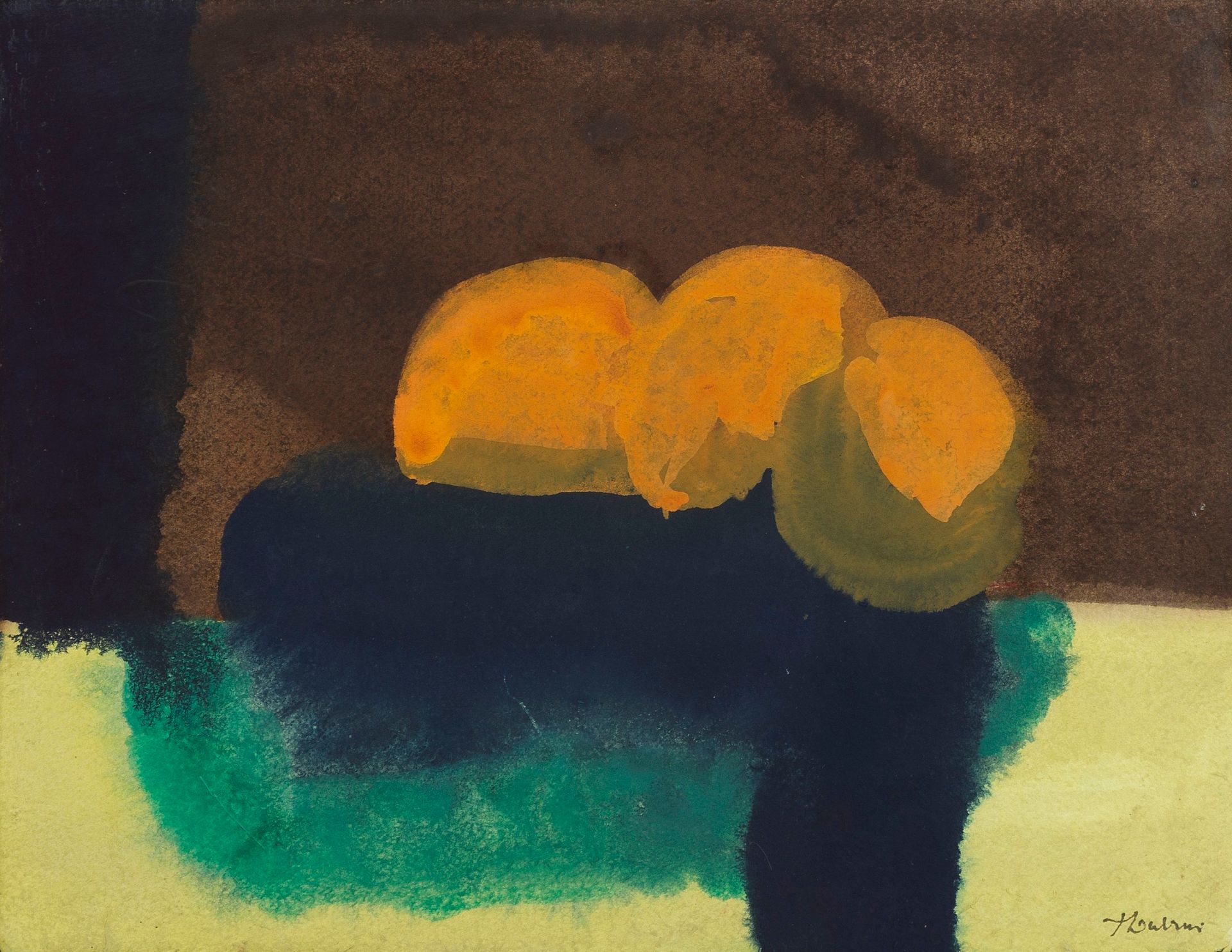 Null 费尔南-杜比（1908-1991）
Les trois fruits》，纸上水彩画，署名，标题在纸上，28,5x37,5 厘米