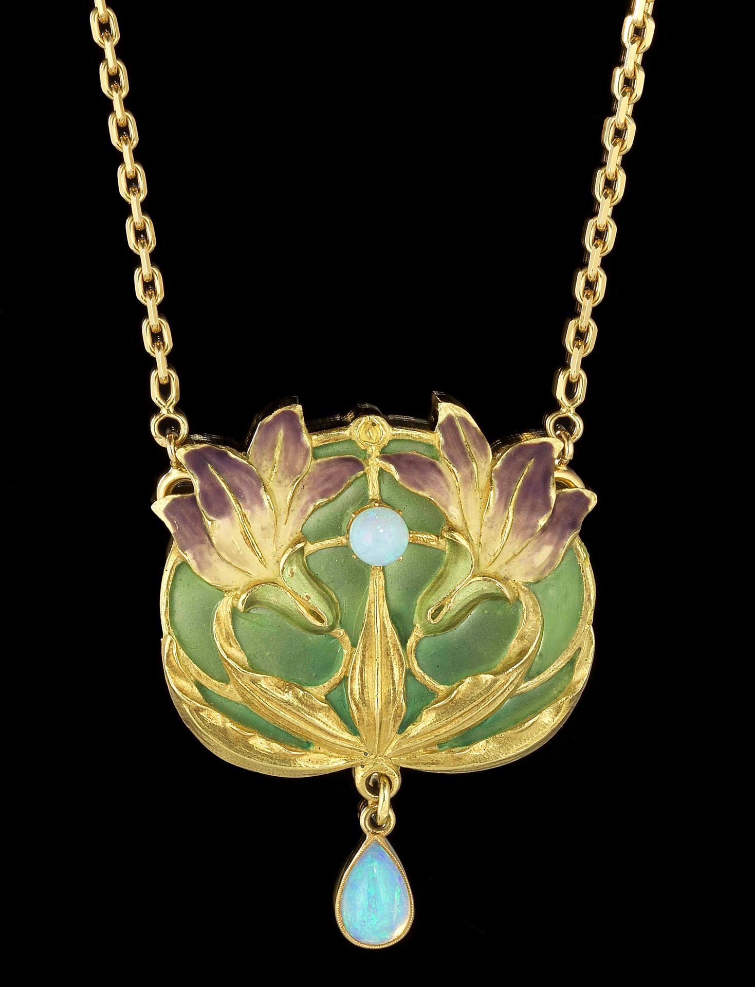 Null Gustave-Roger Sandoz, pendentif Art nouveau 
A décor d'iris émaillés sur fo&hellip;