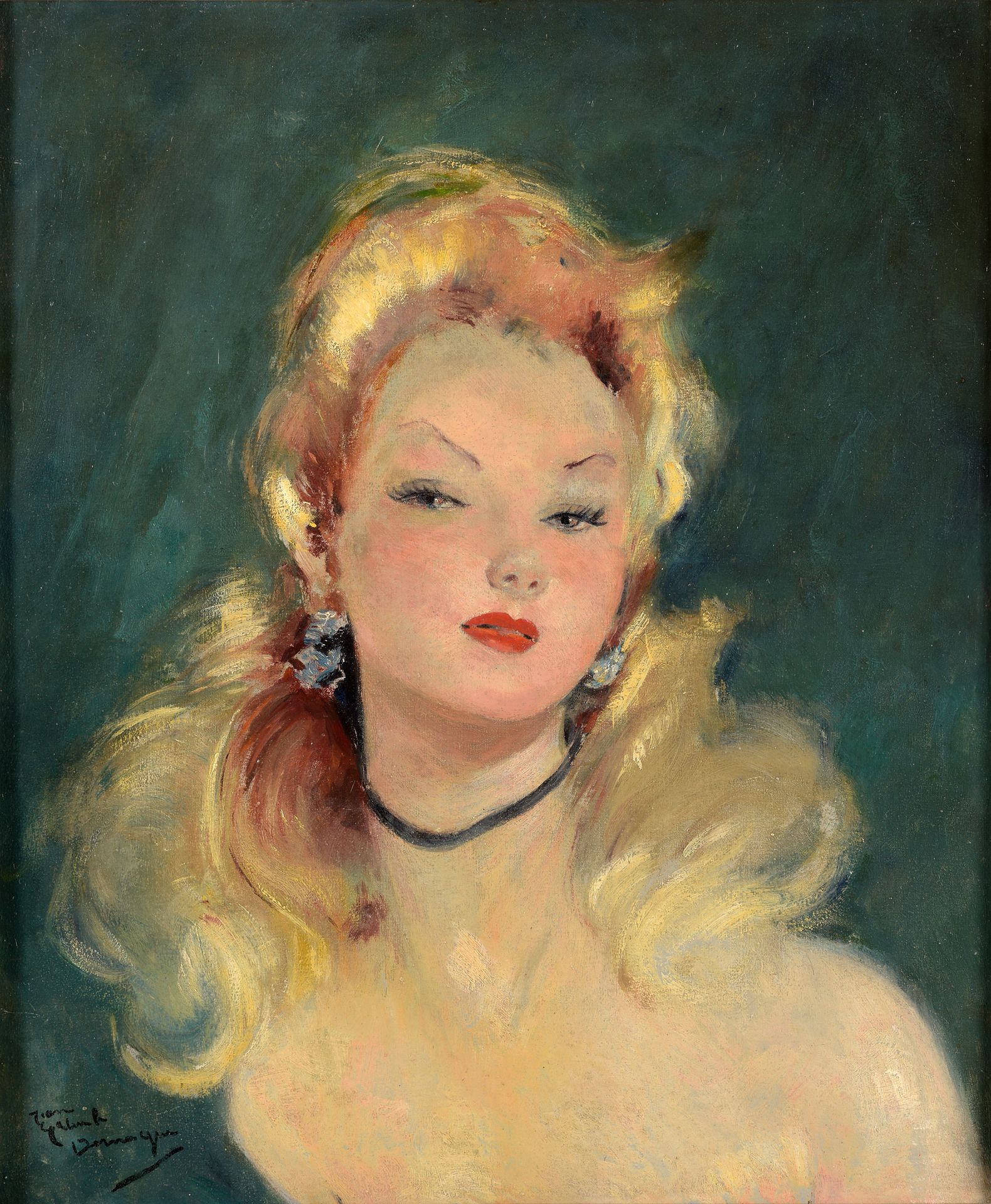 Undeutlich signiert 
一位金发女士的肖像，模糊的签名，20世纪中期。
布面油画，56 x 46厘米。