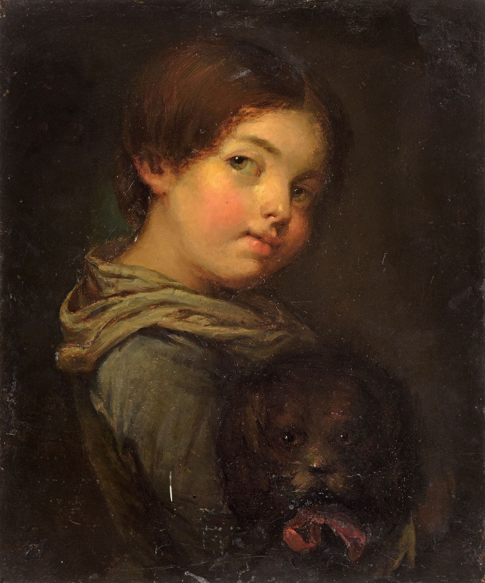 Unbekannter Meister 无名氏19世纪。
带狗的女孩。
油/画，40 x 33厘米。