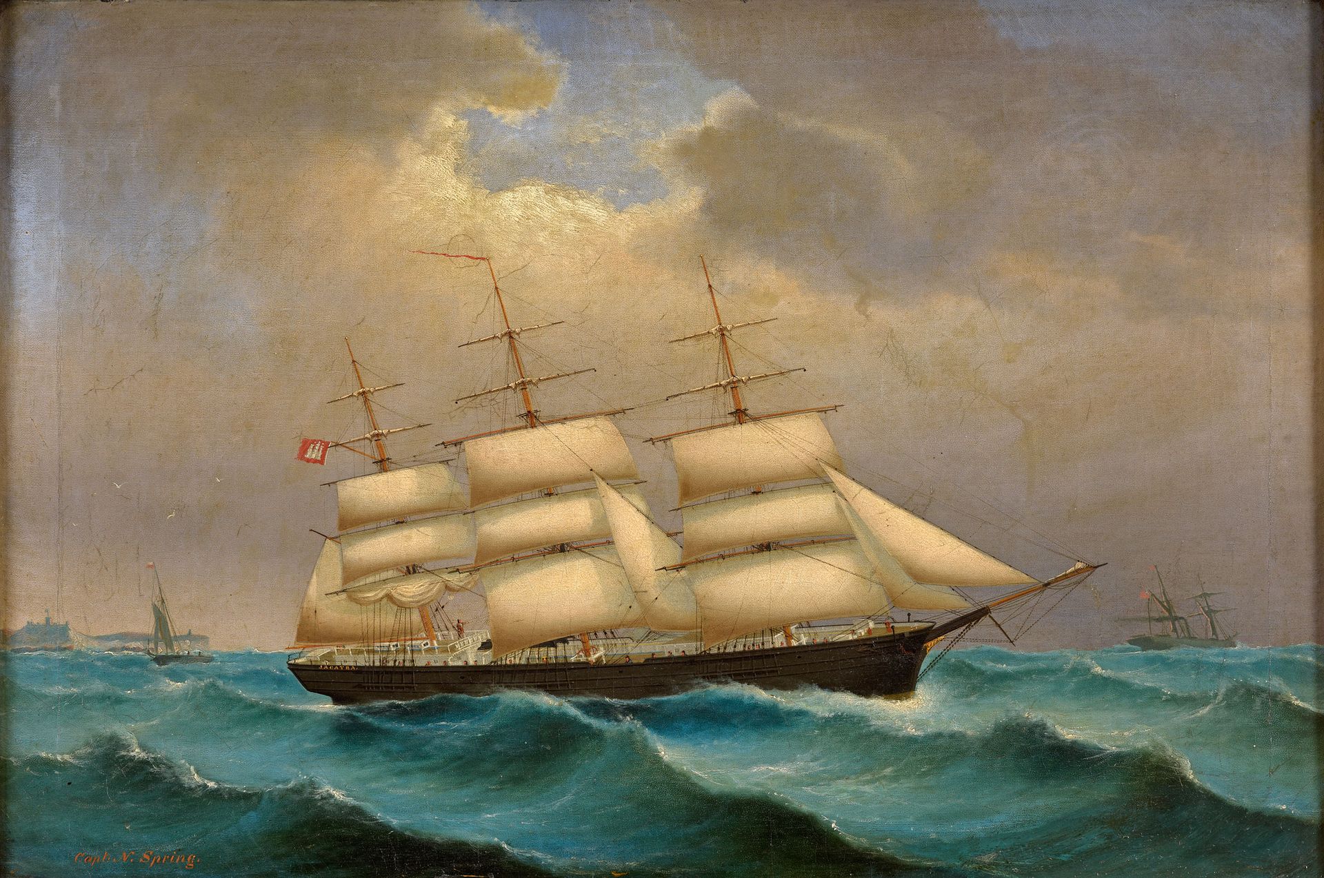 Kapitänsbild Captain's painting 19th c.
The Jacatra, Captain N. Spring.
Titled. &hellip;