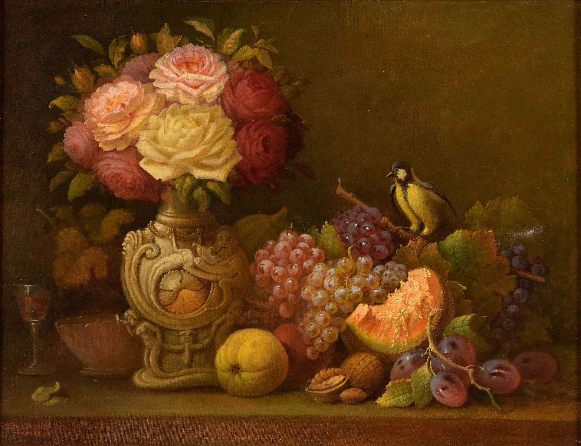 Undeutlich signiert Signé vaguement Vers 1900
Nature morte aux fleurs/fruits ave&hellip;