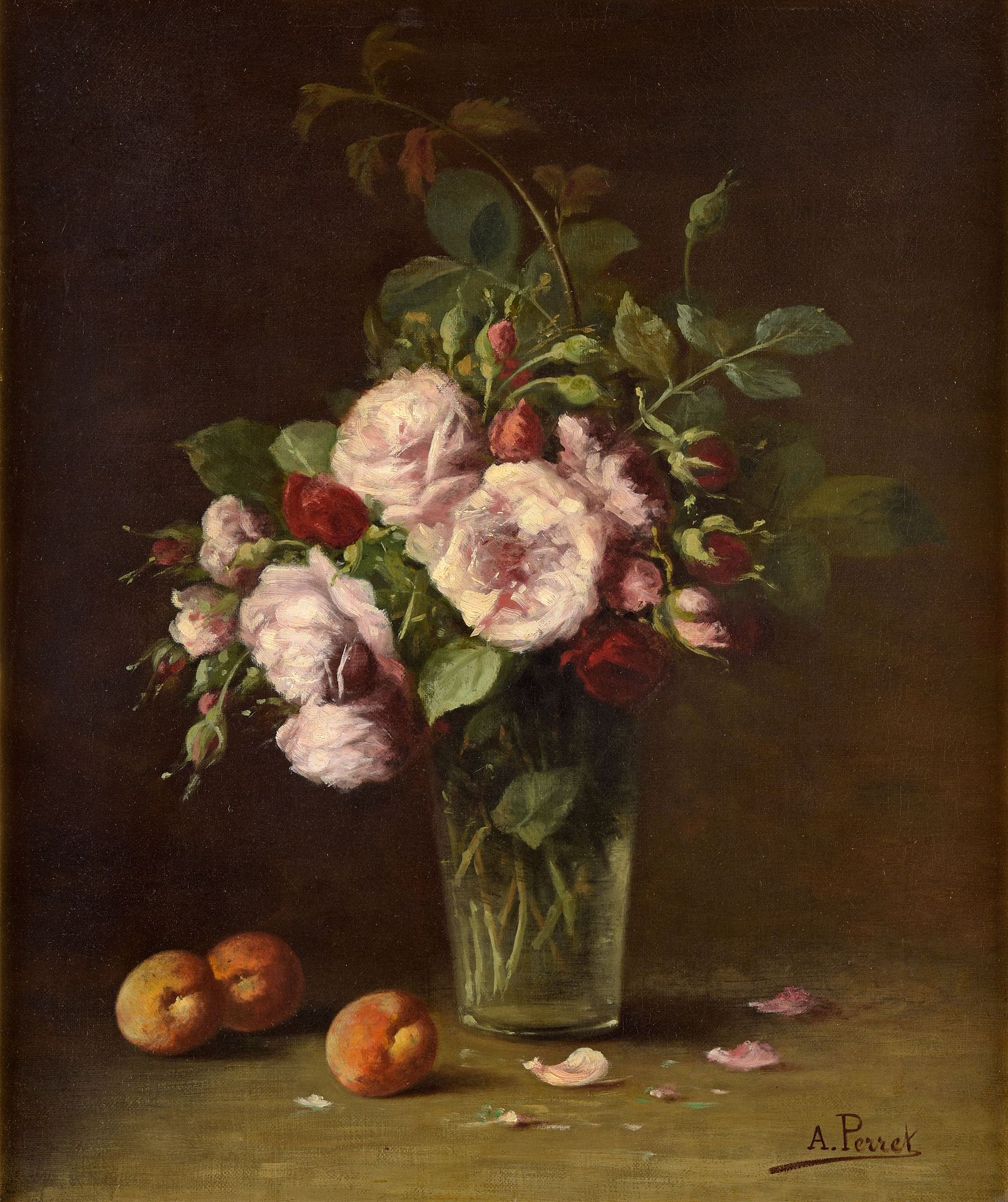Perret, Aimé Perret, Aimé1847 Lyon - 1927 Paris
玫瑰和杏子的静物画。
签名。布面油画，56 x 46厘米。